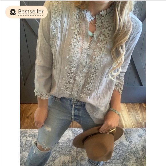 New Bohemian Grey Lace 3/4 Sleeve Button Front Floral Romantic Blouse Top - Picture 9 of 10